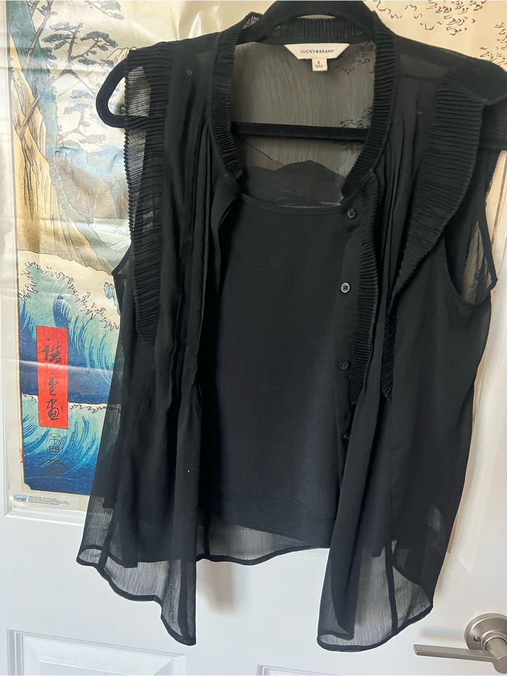 Lucky Brand Black Sheer Pleated Top Size 8
